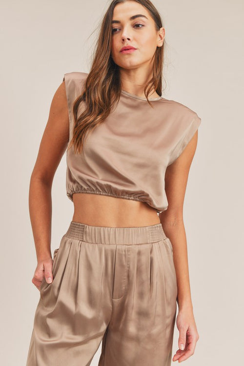 Kylie Satin Shoulder Pad Crop Top and Pant Set - Taupe