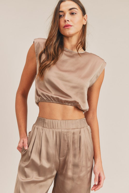 Kylie Satin Shoulder Pad Crop Top and Pant Set - Taupe