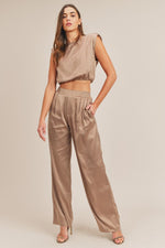 Kylie Satin Shoulder Pad Crop Top and Pant Set - Taupe