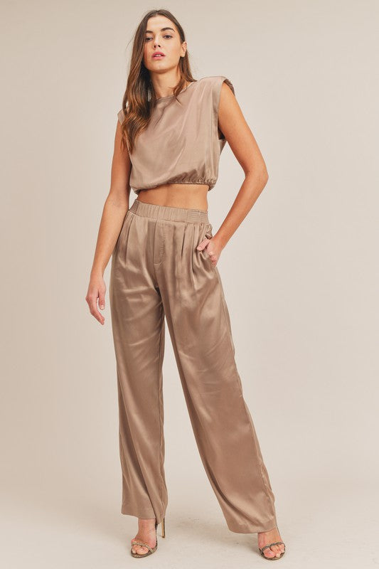 Kylie Satin Shoulder Pad Crop Top and Pant Set - Taupe