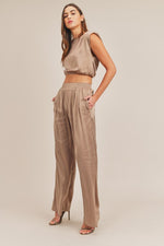 Kylie Satin Shoulder Pad Crop Top and Pant Set - Taupe