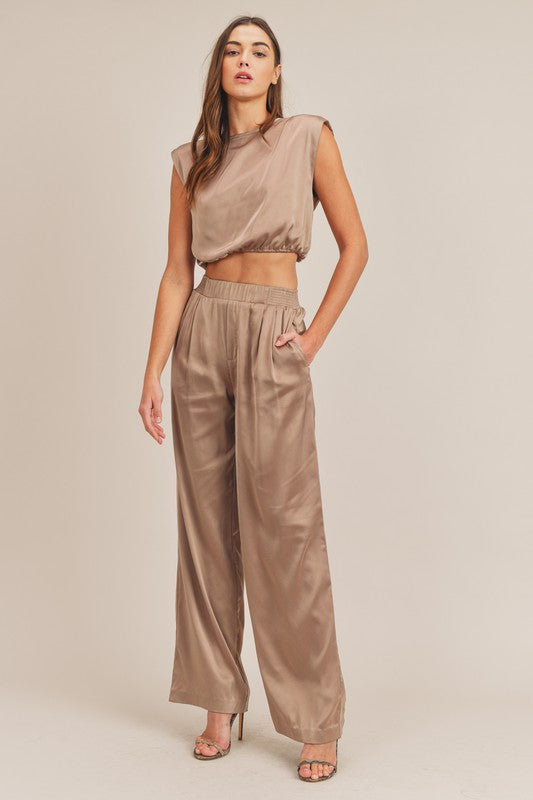 Kylie Satin Shoulder Pad Crop Top and Pant Set - Taupe