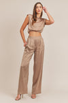 Kylie Satin Shoulder Pad Crop Top and Pant Set - Taupe