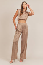 Kylie Satin Shoulder Pad Crop Top and Pant Set - Taupe