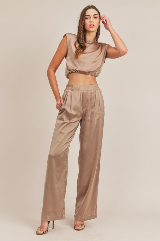 Kylie Satin Shoulder Pad Crop Top and Pant Set - Taupe