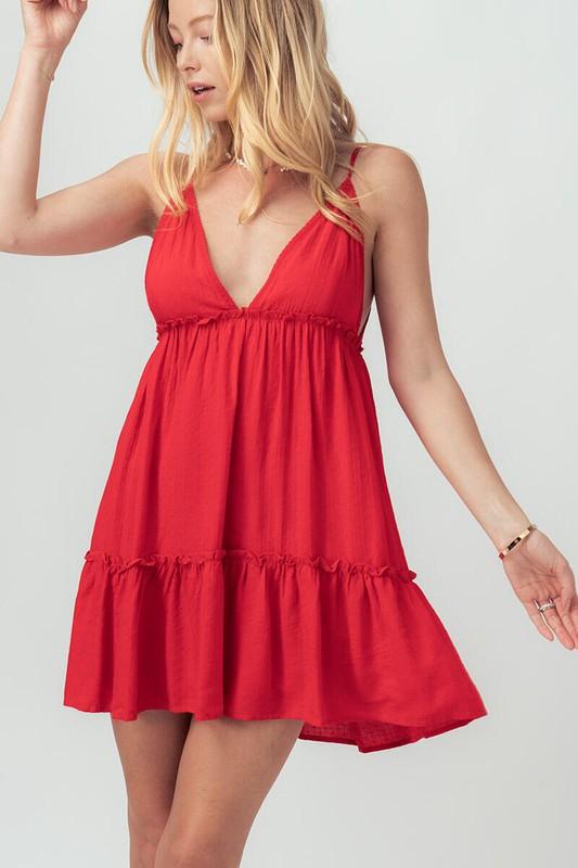 Xenia Solid Ruffle Detail Mini Babydoll Cami Dress