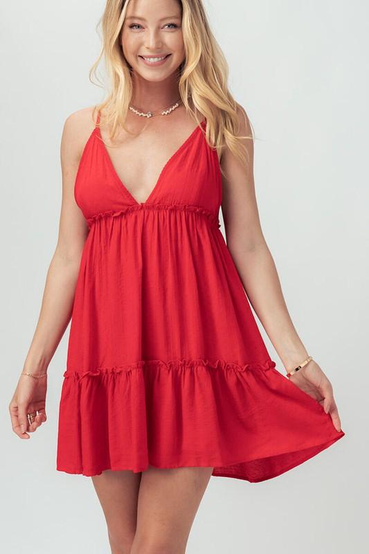 Xenia Solid Ruffle Detail Mini Babydoll Cami Dress