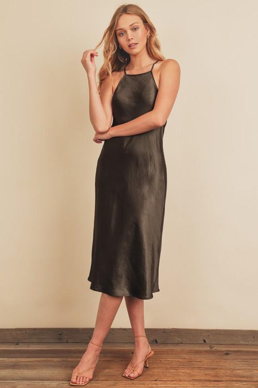 Gwen Satin Halter Midi Dress - Black