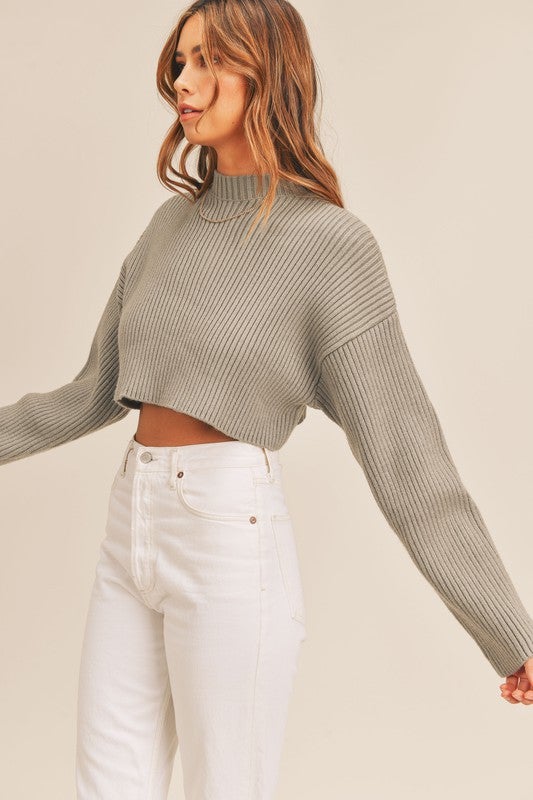 Lynette Mock Neck Ribbed Sweater - Olive
