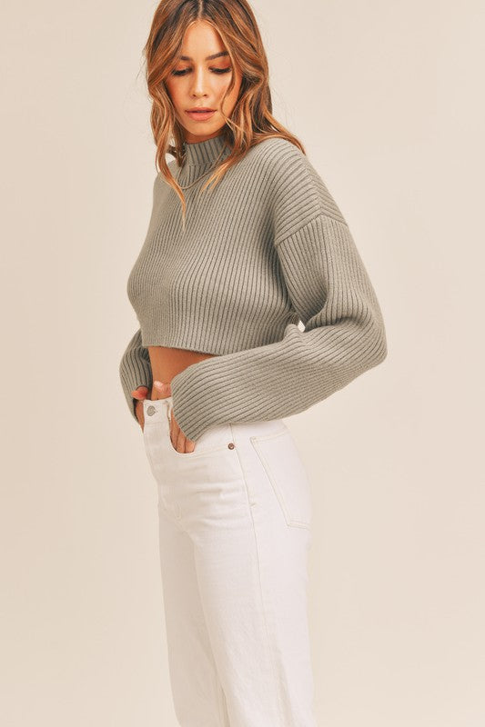 Lynette Mock Neck Ribbed Sweater - Olive