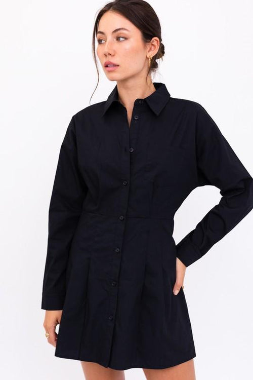 Alvina Pleated Shirt Mini Dress - Black