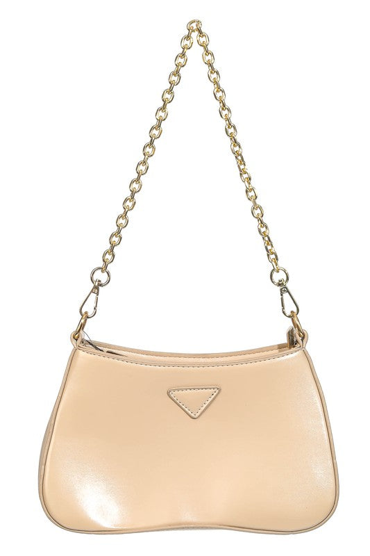 Aubree Faux Leather Gold Chain Shoulder Bag - Nude