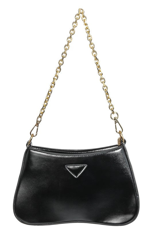 Aubree Faux Leather Gold Chain Shoulder Bag - Black