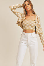 Luka Retro Plaid Crop Sweater Set - Taupe