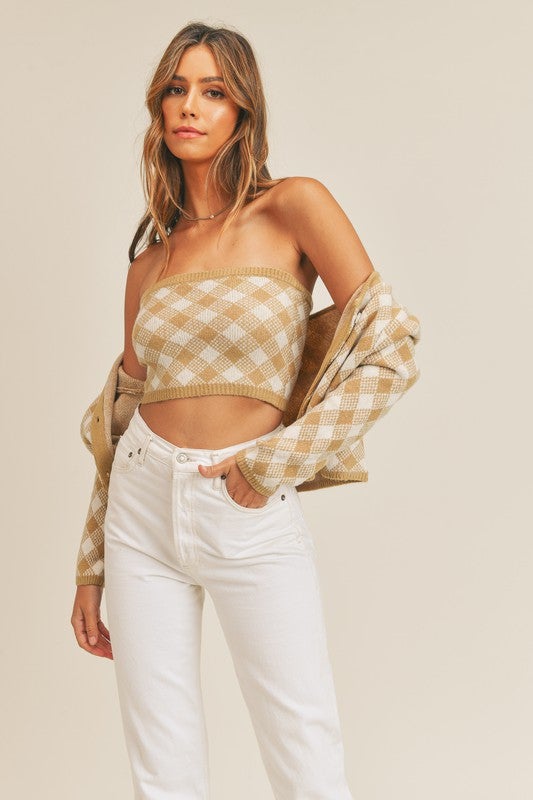 Luka Retro Plaid Crop Sweater Set - Taupe