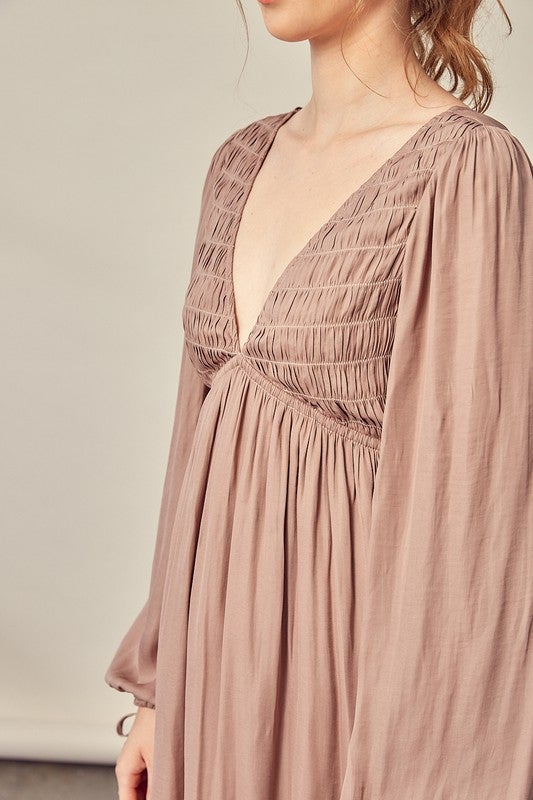 Paola Long Sleeve Smocked Mini Dress - Mauve