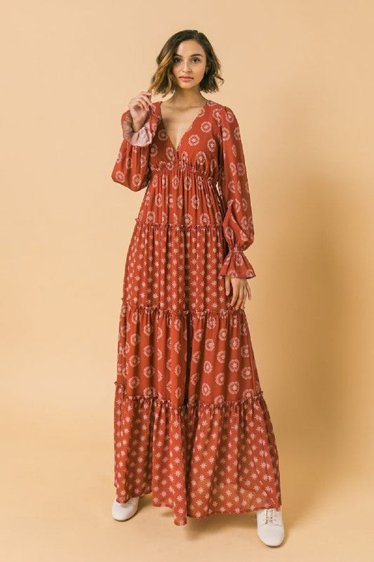 long sleeve empire maxi dress Blush Pink long sleeve deep v-neck Empire waist Maxi Dress