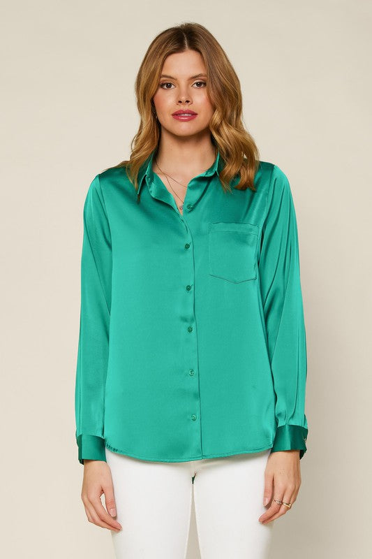 Martha Satin Button Down Top With Pocket - Green
