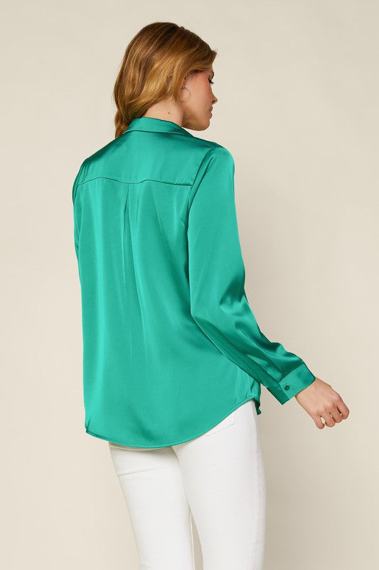 Martha Satin Button Down Top With Pocket - Green