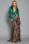 Everly Tie Front Long Sleeve Satin Top - Hunter Green