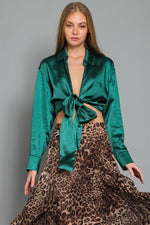 Everly Tie Front Long Sleeve Satin Top - Hunter Green