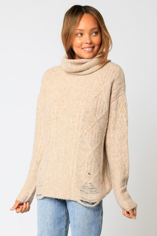 Sarah Distressed Cable Knit Sweater - Mocha