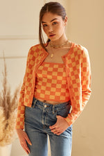 Amabella Checkered Cropped Tank and Button Up Cardigan Set