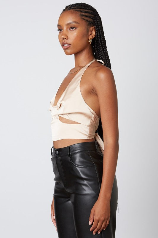 Jeanne Satin Halter Cut Out Back Tie Top - Champagne