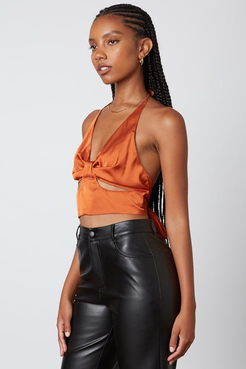 Jeanne Satin Halter Cut Out Back Tie Top - Rust