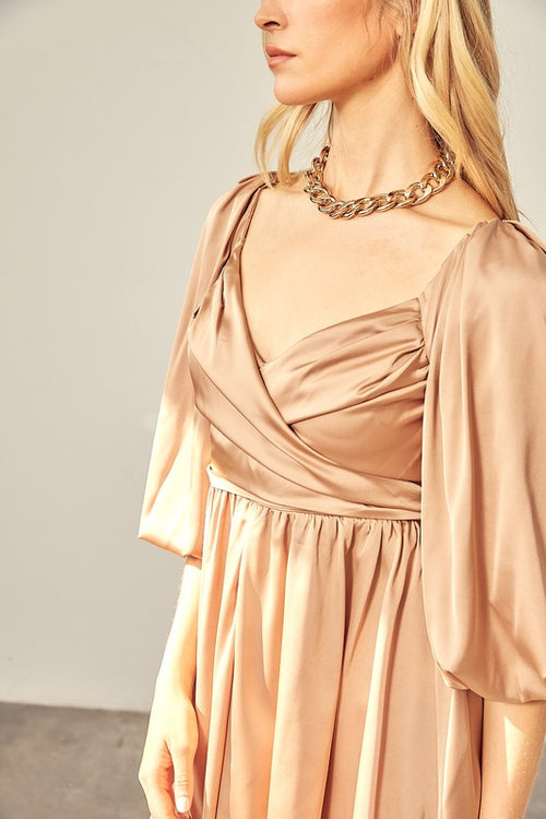 Ceci Wrap Balloon Sleeve Mini Dress - Taupe