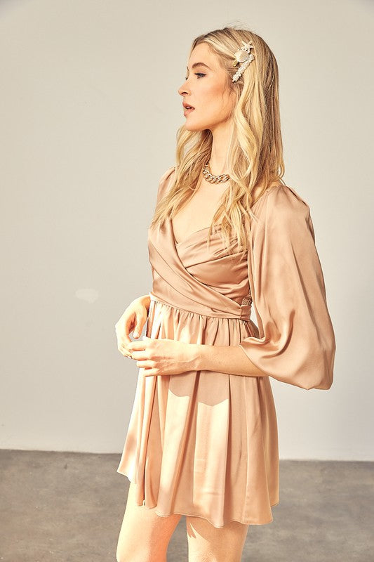 Ceci Wrap Balloon Sleeve Mini Dress - Taupe
