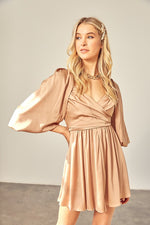 Ceci Wrap Balloon Sleeve Mini Dress - Taupe