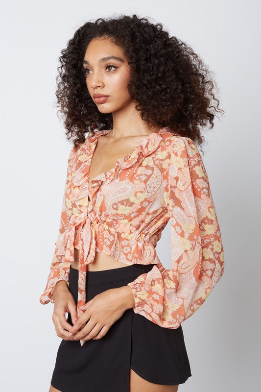 Myrtle Paisley Long Sleeve Front Tie Top