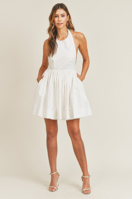 white open back skater dress Phoebe Halter Open Back Skater Mini Dress