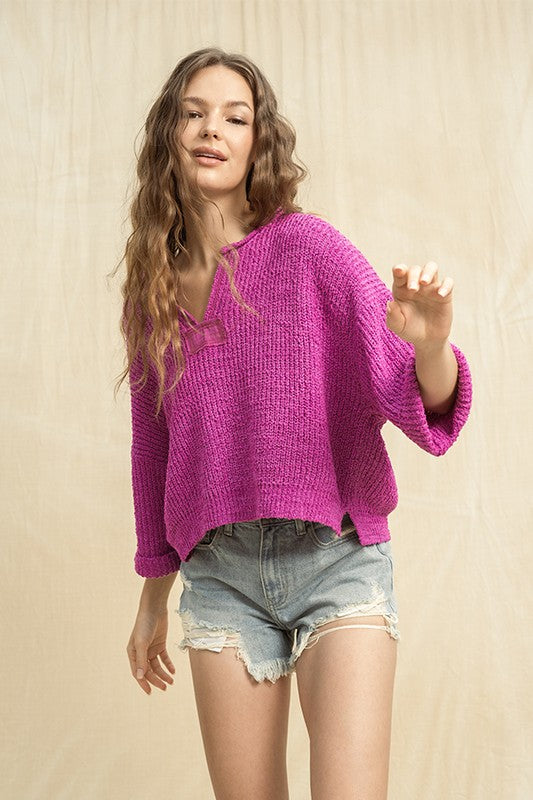 Arleta Crop Knit Sweater - Magenta