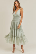 Olea Waist Smocked Tiered Ruffle Midi Dress
