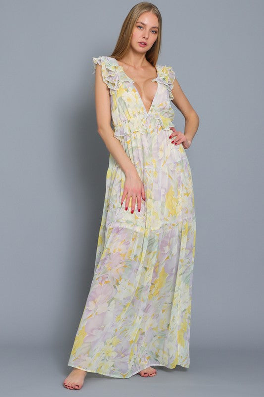 Tallula Open Back Ruffle Maxi Dress - Yellow/Lavender