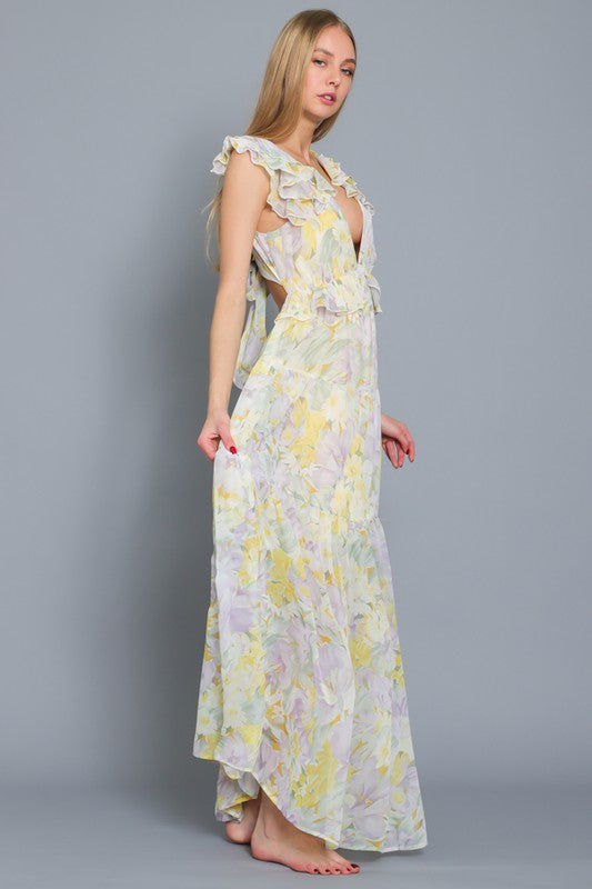 Tallula Open Back Ruffle Maxi Dress - Yellow/Lavender