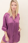 Tanya Satin Long Sleeve Shirt Dress - Purple
