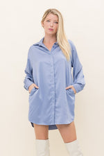 Tanya Satin Long Sleeve Shirt Dress - Blue