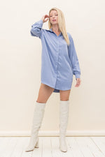 Tanya Satin Long Sleeve Shirt Dress - Blue