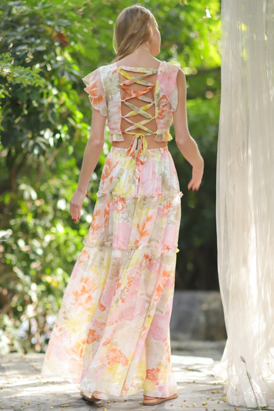 Leyla Ruffle Sleeve Cut Out Floral Maxi Dress
