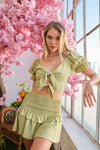 Roby Puff Sleeve Tie Front Top And Short Set - Green
