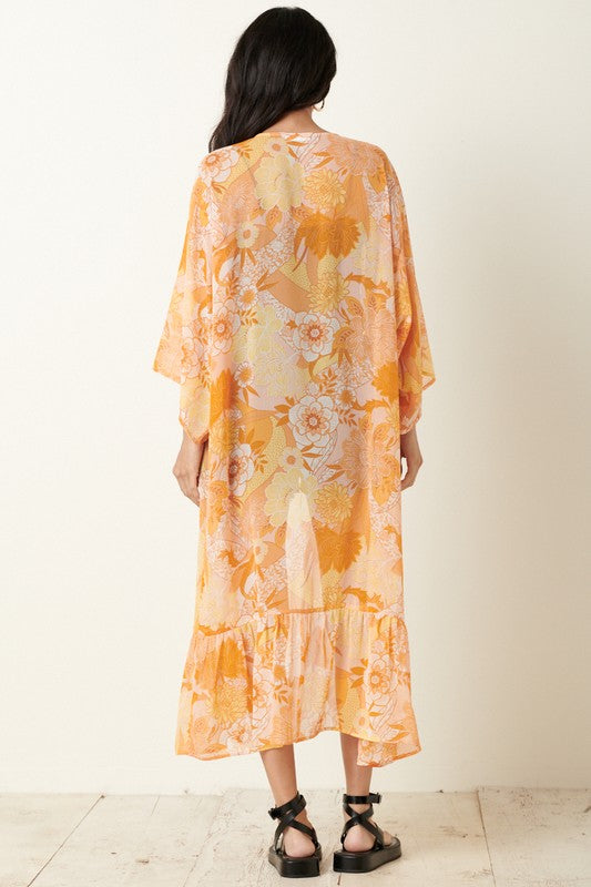 Sam Floral Print Maxi Kimono - Orange