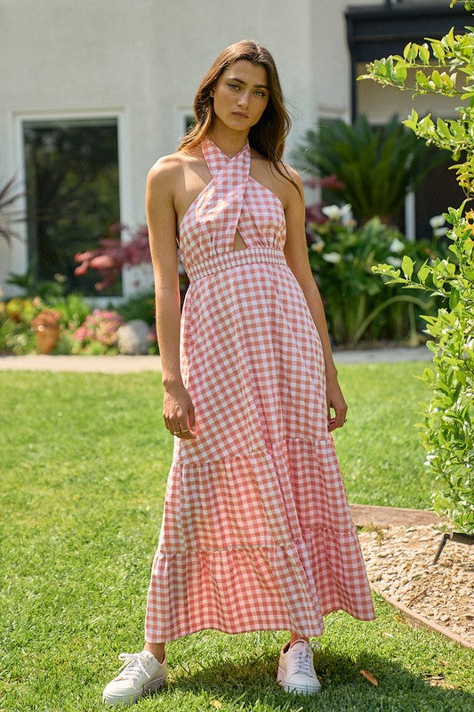 Morgan Gingham Halter Maxi Dress