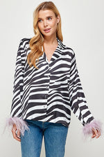 Vittoria Zebra Print Detacheable Feather Button Down Top