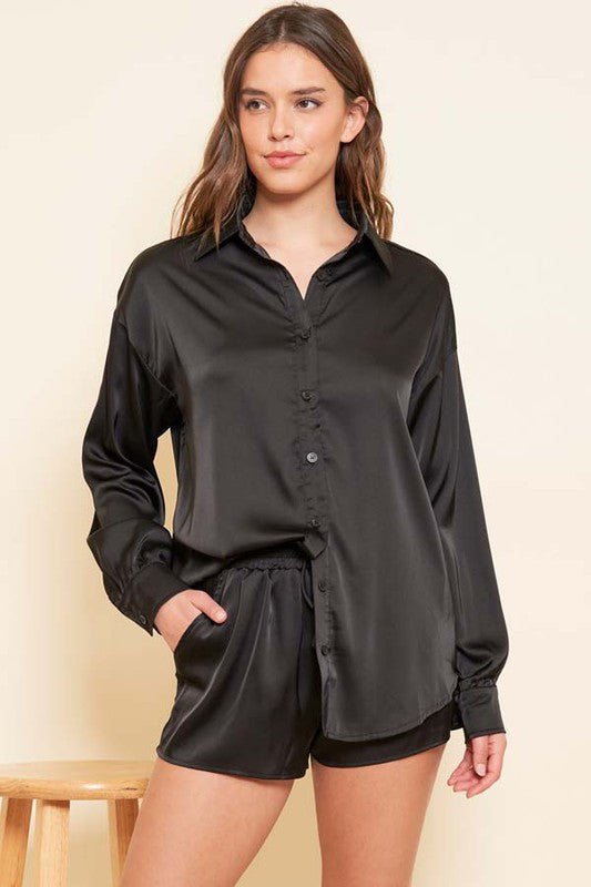 Belli Satin Button Down Top And Shorts - Black