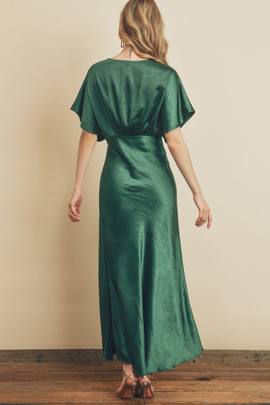 Amabelle Satin Kimono Sleeve Maxi Dress - Dark Emerald