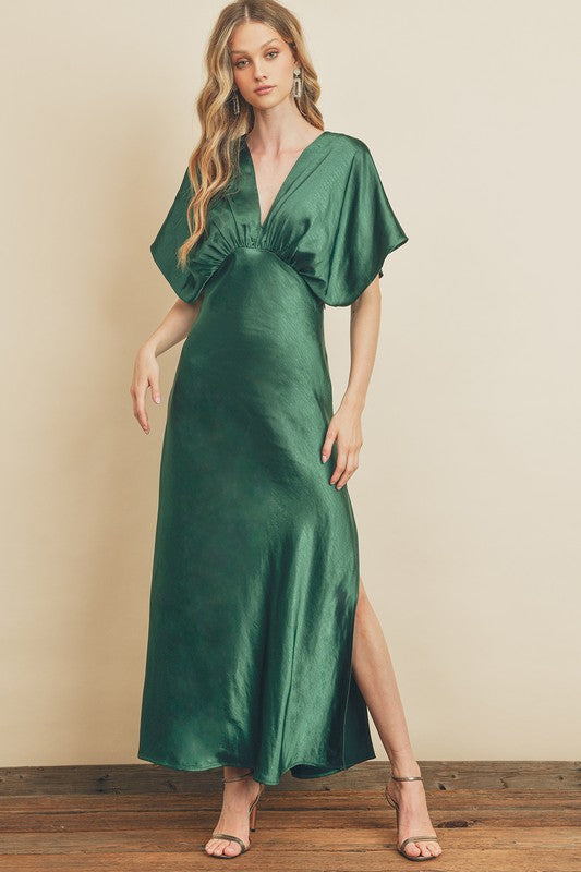 Amabelle Satin Kimono Sleeve Maxi Dress - Dark Emerald – Girls