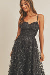 Natasha Butterfly Mesh Lace Up Midi Dress - Black